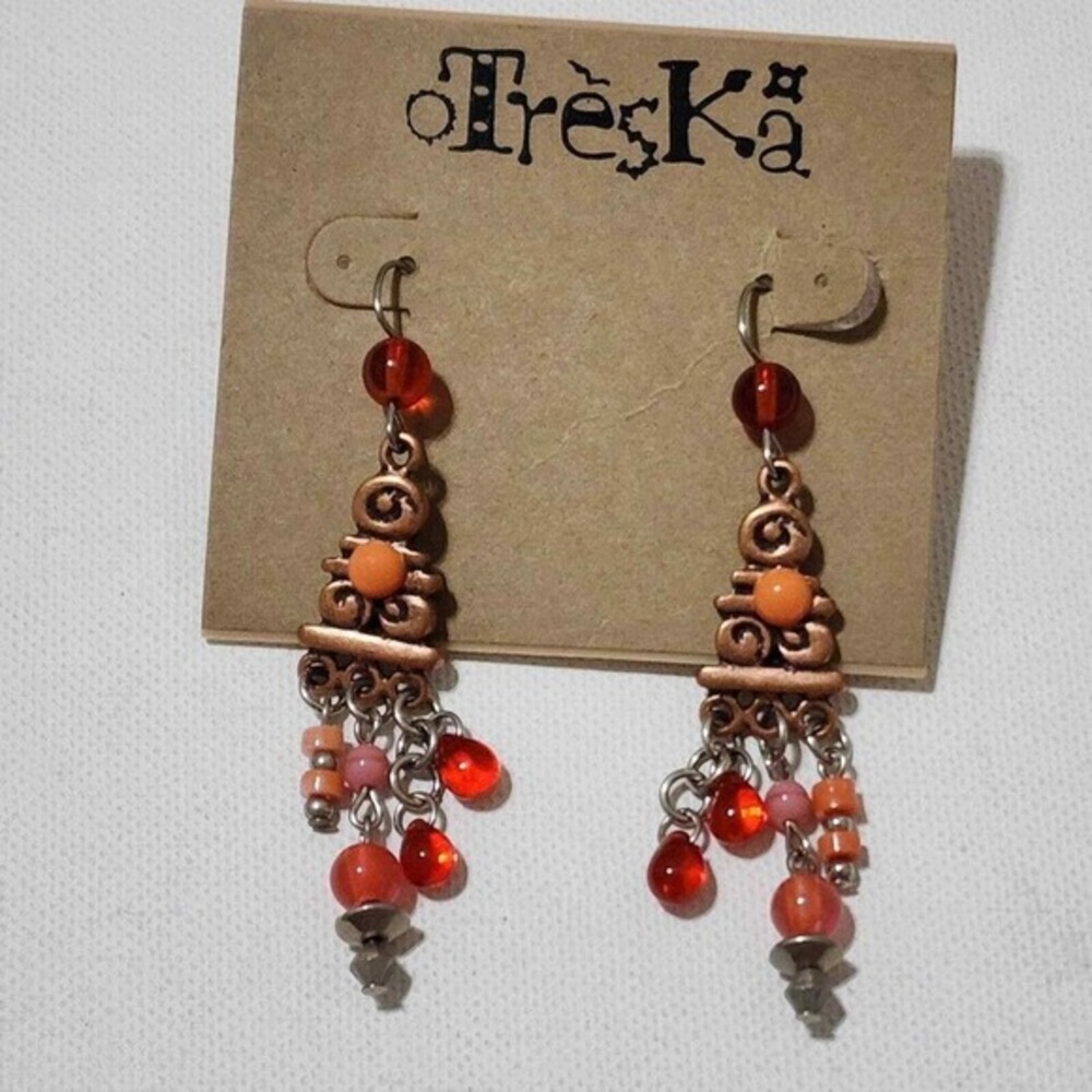 Treska Beaded Chandelier Dangle Earrings Orange Red Copper Boho Southwestern New